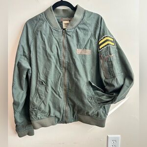 True Craft Mens Army Green Canvas Full Zip Bomber Jacket L